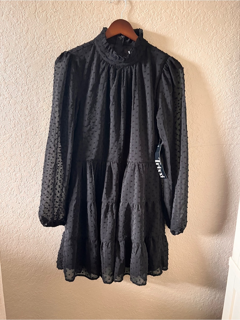 Trixxi Black Dress Swiss Dot Long Sleeve Tiered Mini Size M